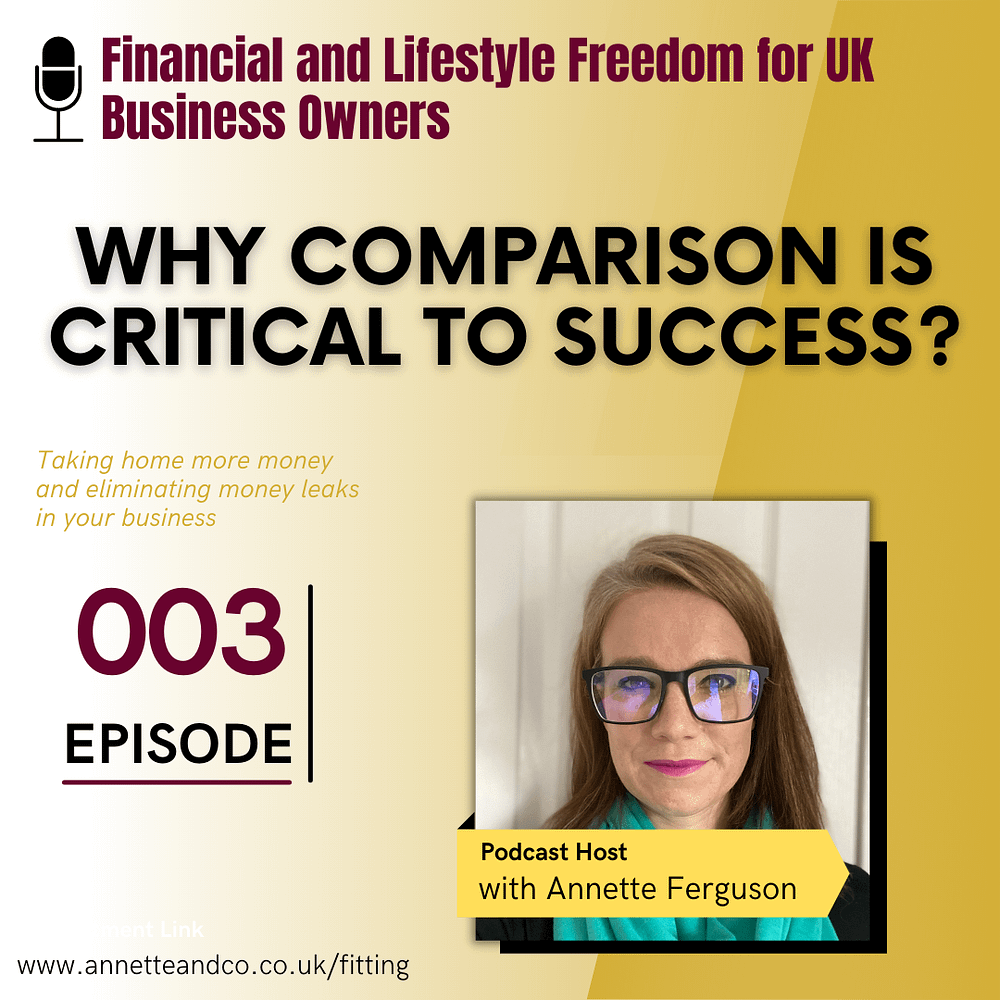 Podcast Banner page of the third episode of Financial and Lifestyle Freedom for UK Business Owners with the topic "Why Comparison is Critical to Success" with Annette Ferguson