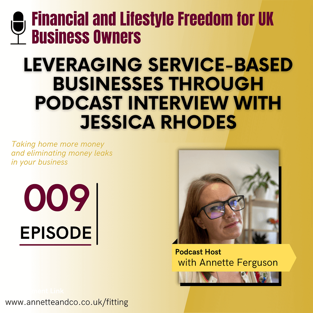 Podcast Banner page of the ninth episode of Financial and Lifestyle Freedom for UK Business Owners about Leveraging Service-Based Businesses Through Podcast Guesting with Jessica Rhodes and Annette Ferguson