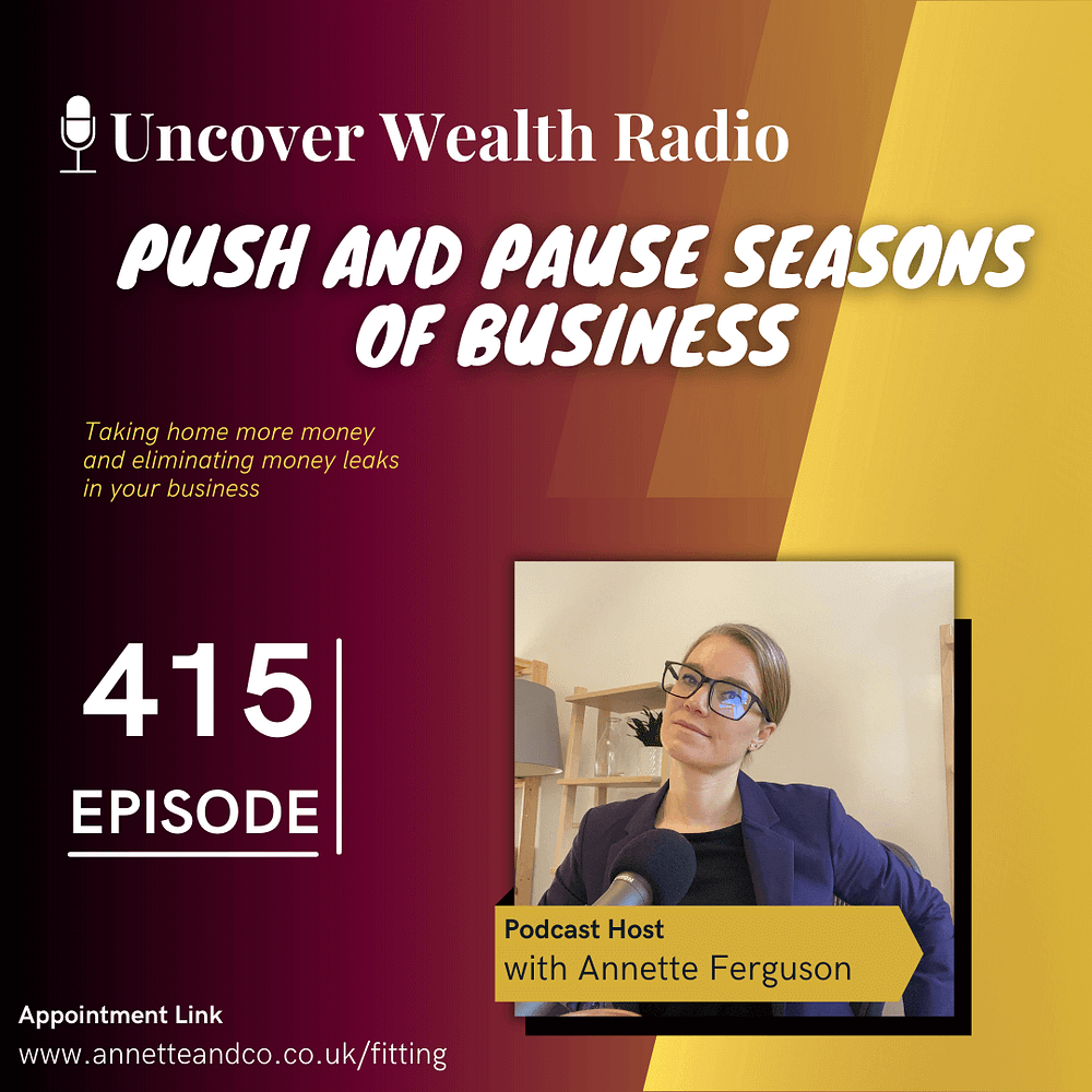 Annette Ferguson Podcast Banner of Uncover Wealth Radio Episode 415 with a topic title about Push and Pause Seasons of Business