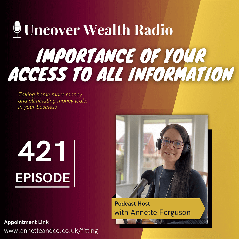Annette Ferguson Podcast Banner of Uncover Wealth Radio Episode 421 with a topic title about Importance of Your Access To All Information